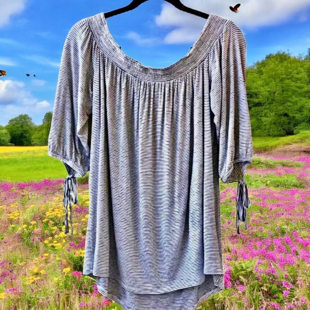 KNOX ROSE Striped Off The Shoulder Top Tie Sleeves
